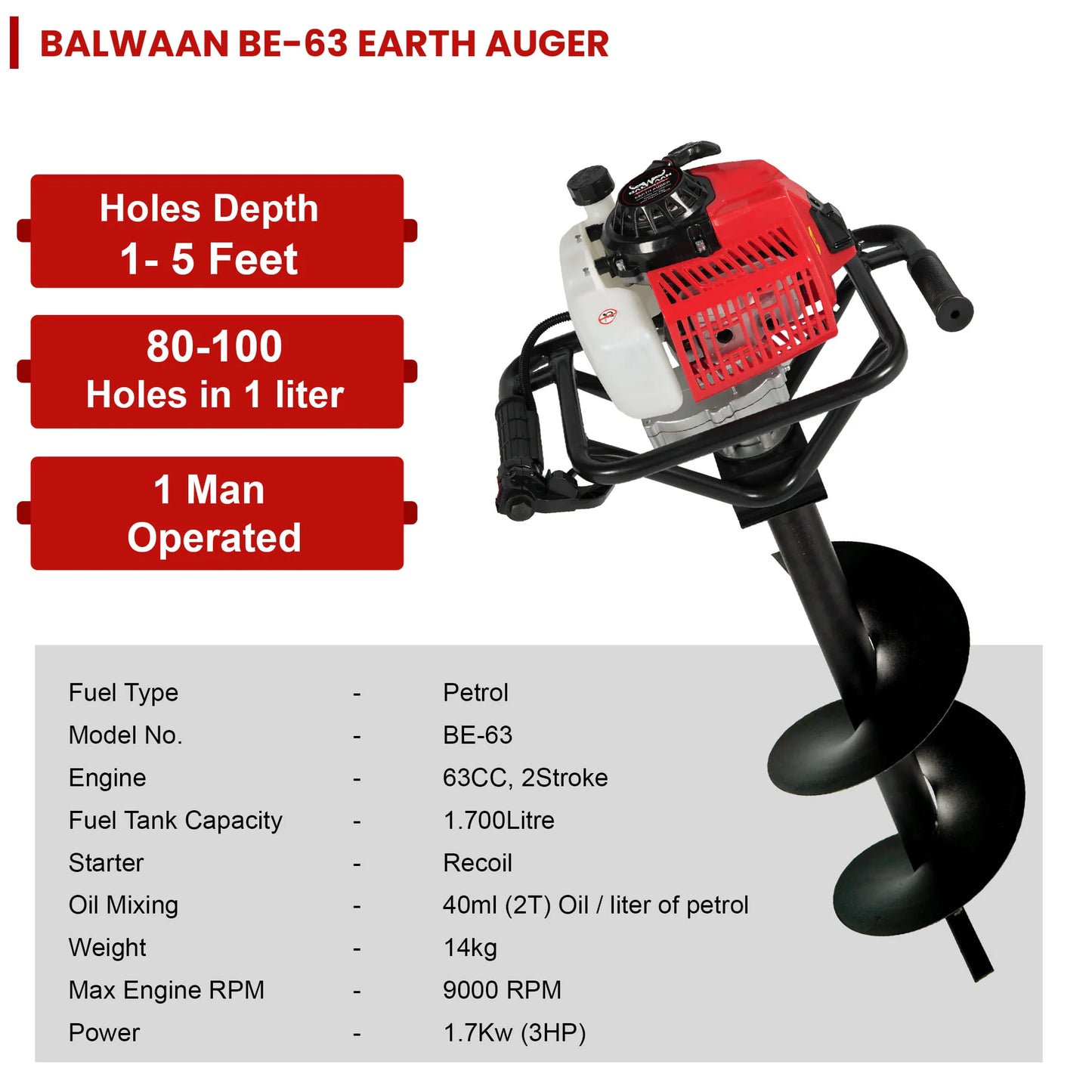 Balwaan 63cc Earth Auger with 8 Inch & 12 Inch Planter