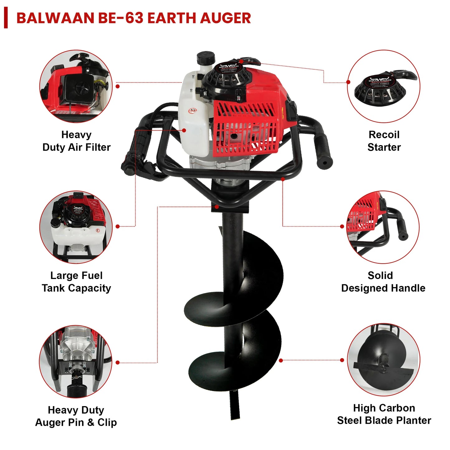 Balwaan 63cc Earth Auger with 8 Inch & 12 Inch Planter